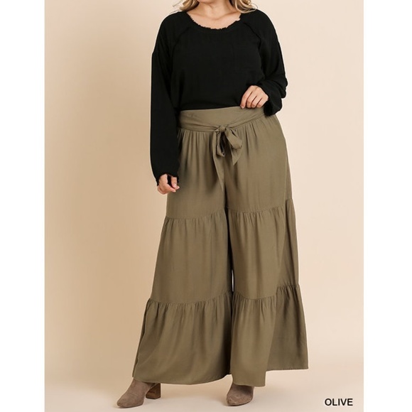 Umgee Pants - Plus Olive Boho Ruffle Wide Leg Palazzo Pants